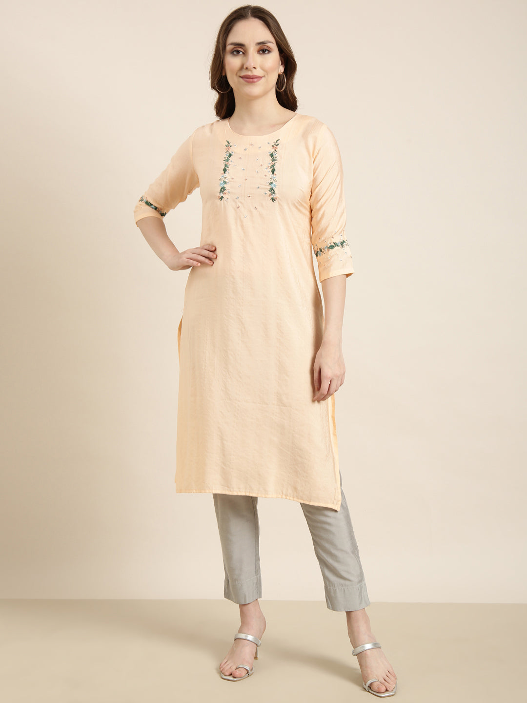 Women Straight Peach Solid Kurta