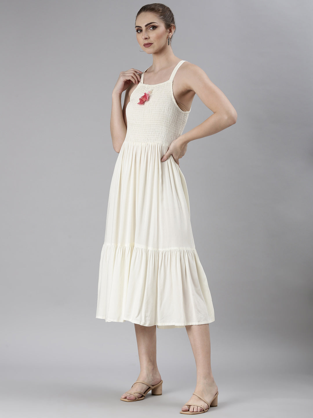 Women Off White Solid Fit and Flare Dress