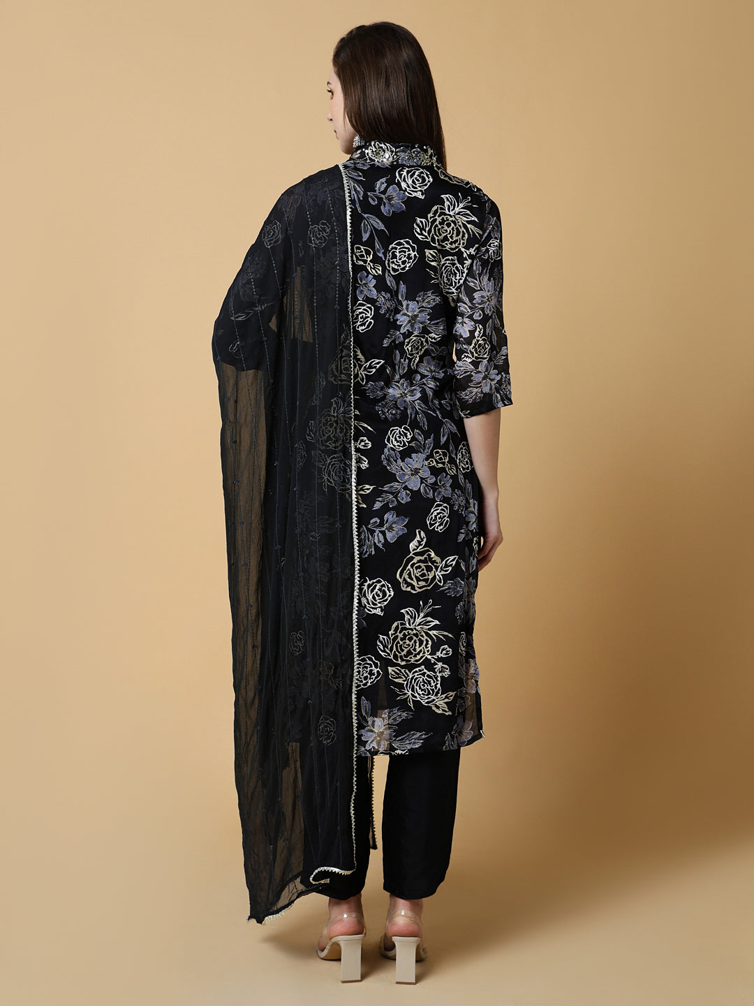 Women Floral Black A-Line Kurta Set with Dupatta