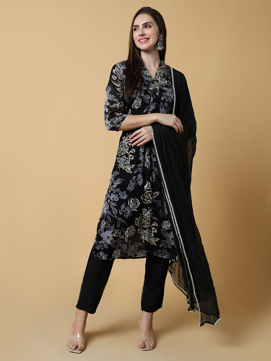 Women Floral Black A-Line Kurta Set with Dupatta