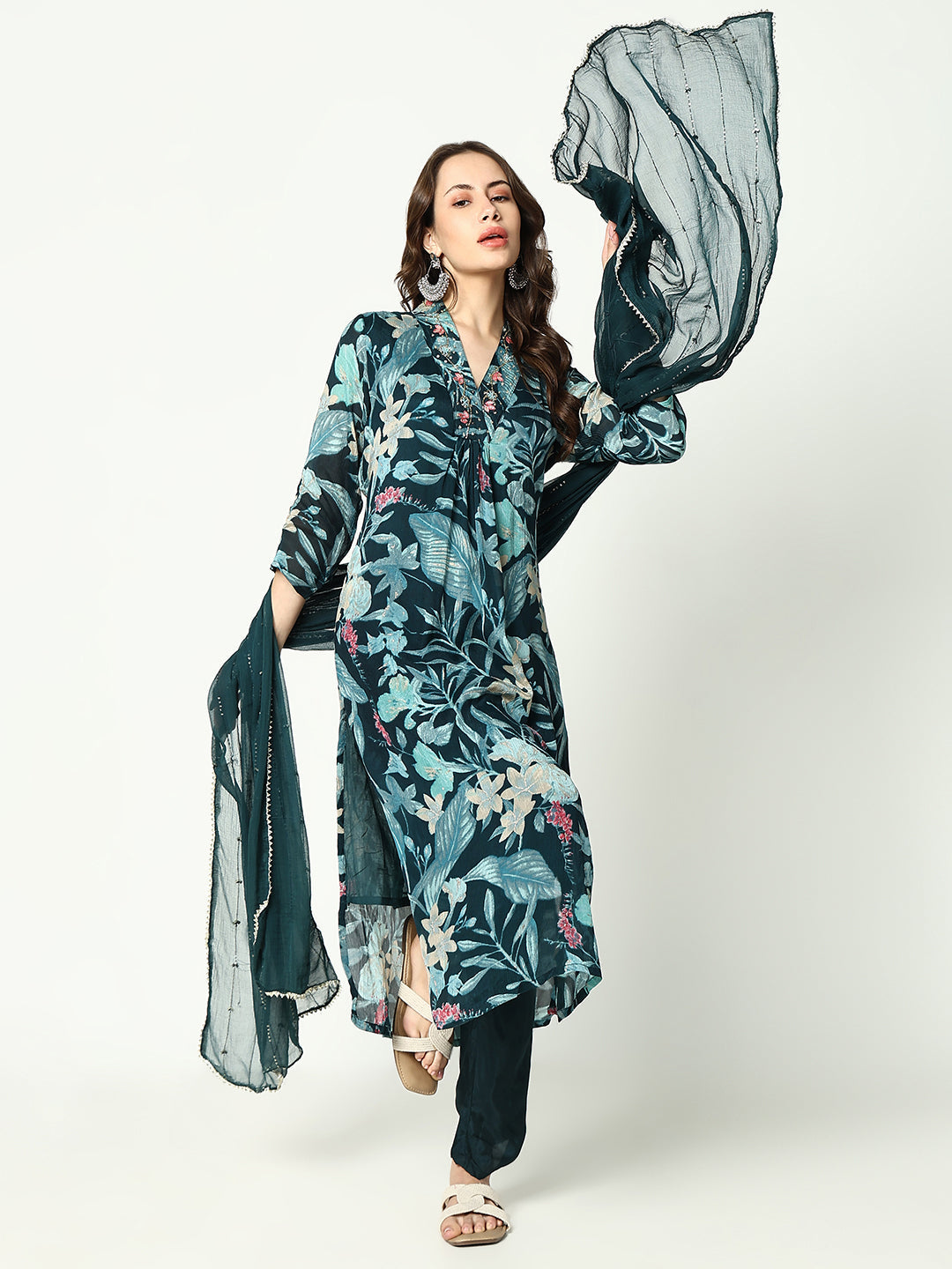 Women Floral Teal A Line Kurta Set with Dupatta