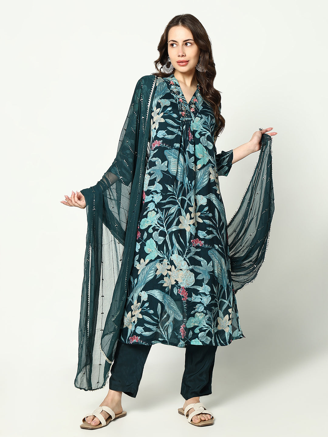 Women Floral Teal A Line Kurta Set with Dupatta