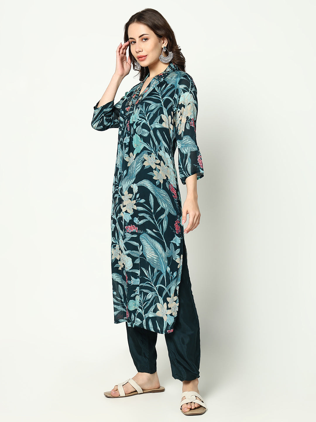 Women Floral Teal A Line Kurta Set with Dupatta