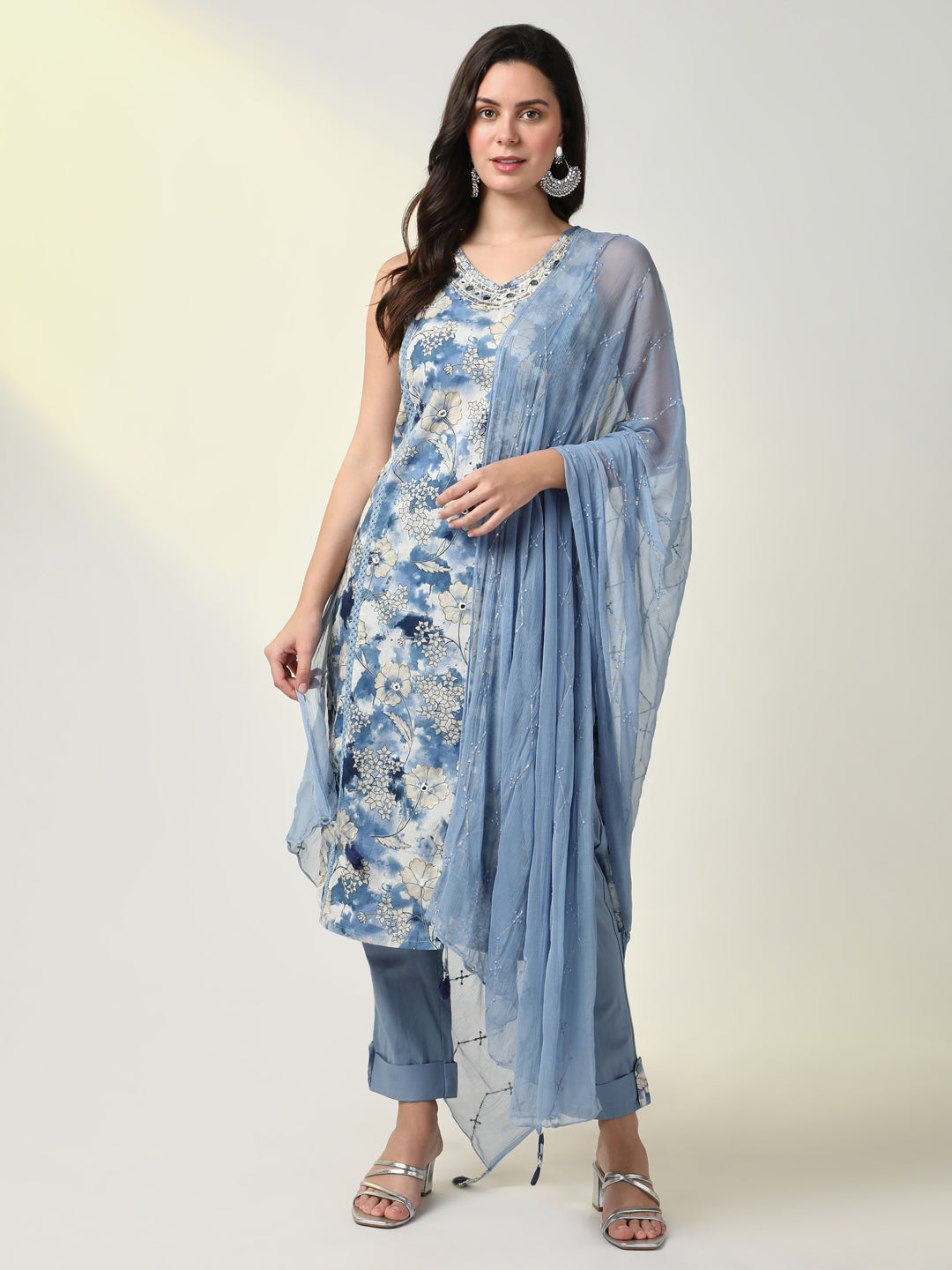 Women Blue Floral Kurta Set with Dupatta