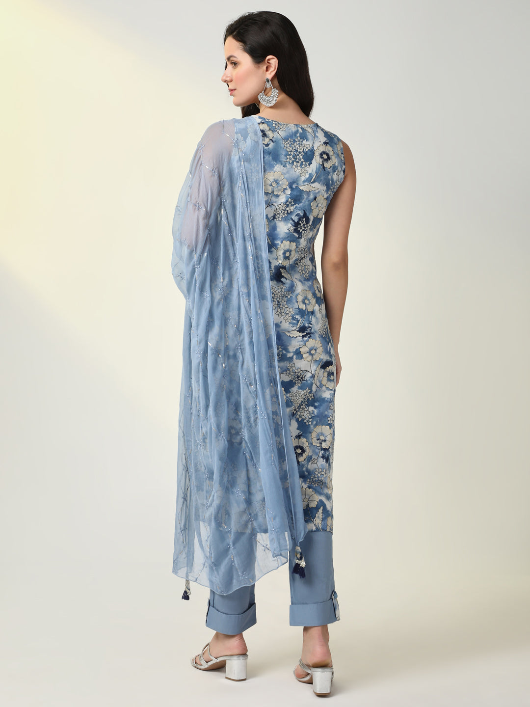 Women Blue Floral Kurta Set with Dupatta