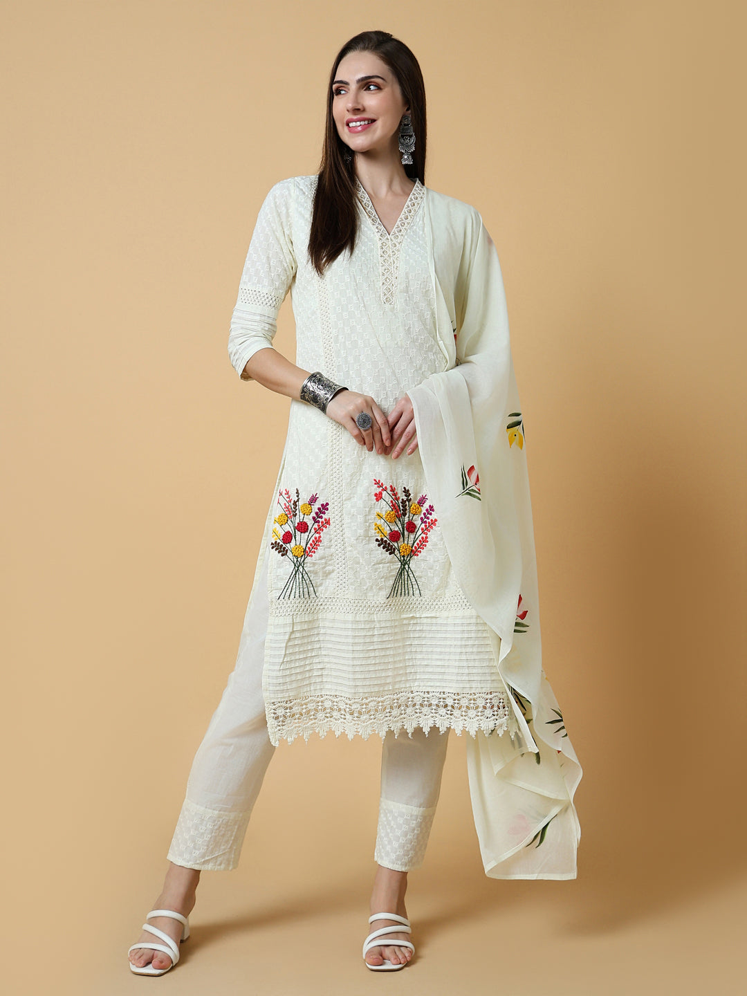 Women Solid Off White Straight Kurta Set with Dupatta