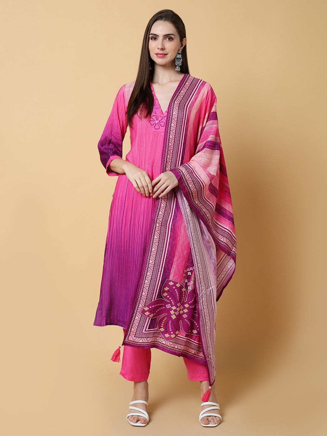 Women Solid Pink A-Line Kurta Set with Dupatta