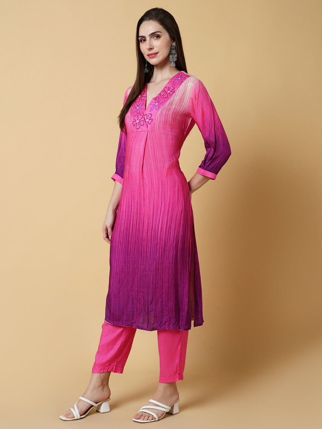 Women Solid Pink A-Line Kurta Set with Dupatta