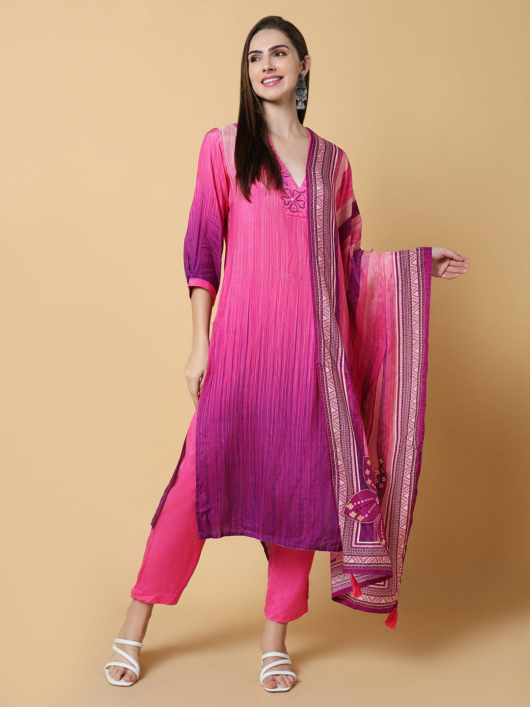 Women Solid Pink A-Line Kurta Set with Dupatta