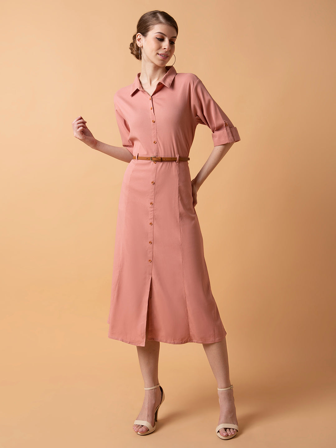 Women Solid Peach Midi A-Line Dress with Belt