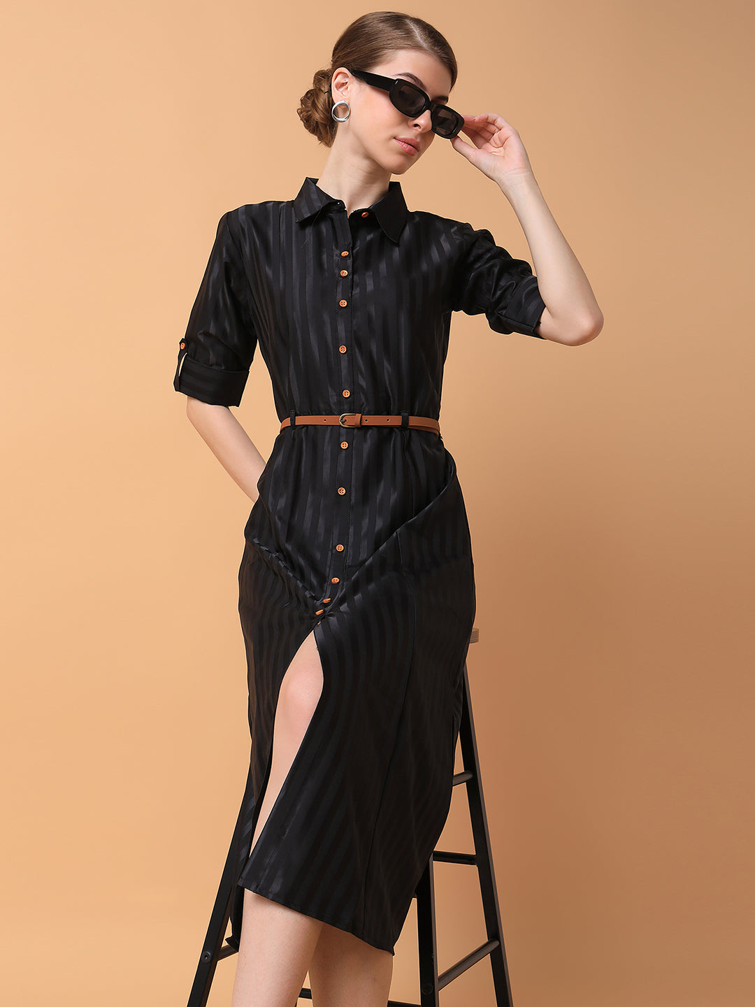 Women Solid Black Midi Shirt Style Dress with Belt