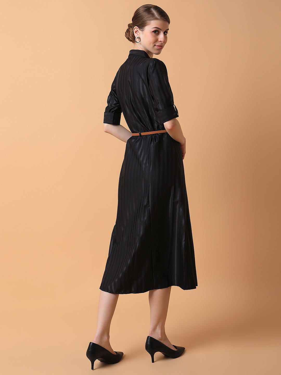 Women Solid Black Midi Shirt Style Dress with Belt