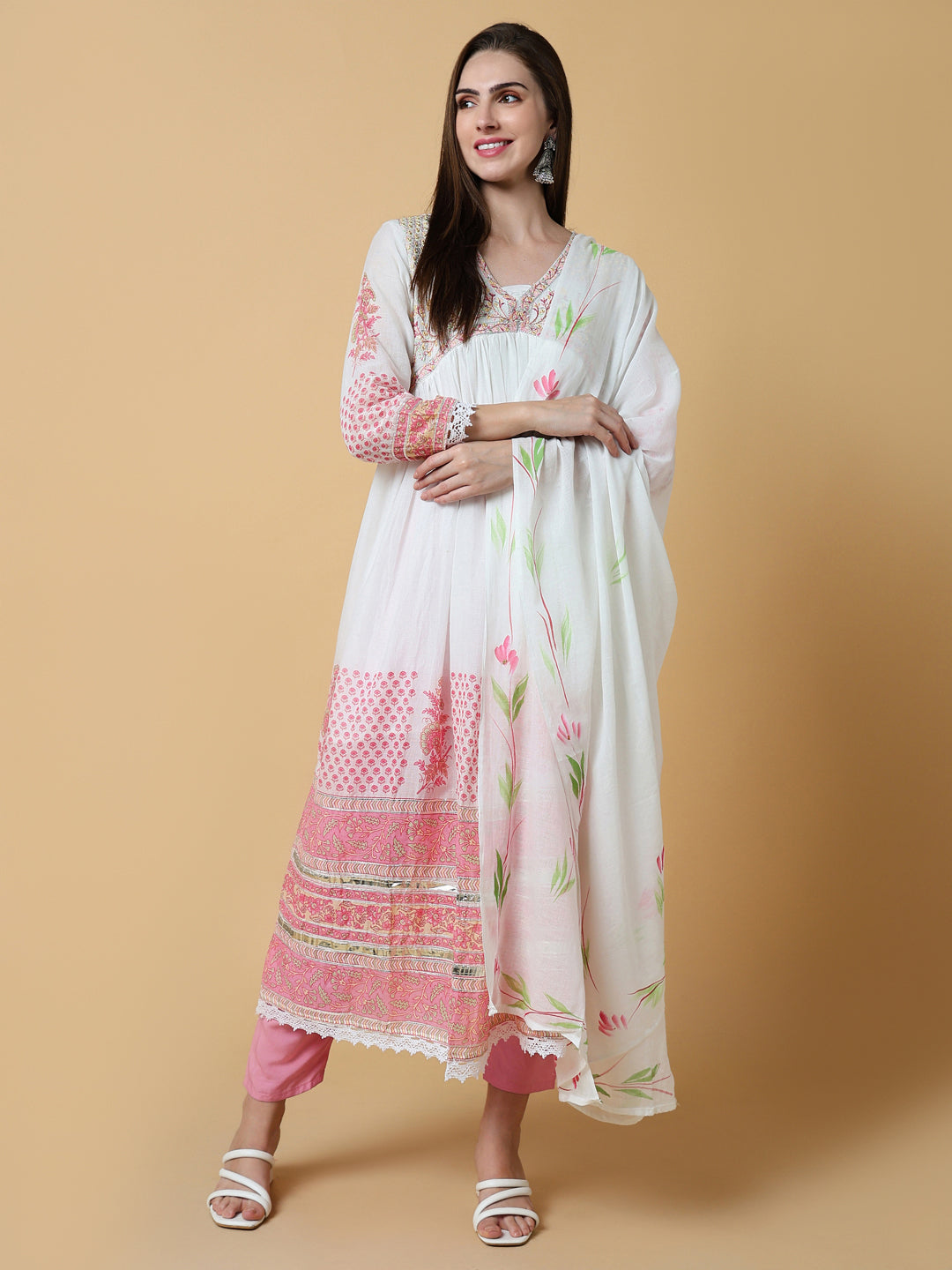 Women Floral White Anarkali Kurta Set with Dupatta