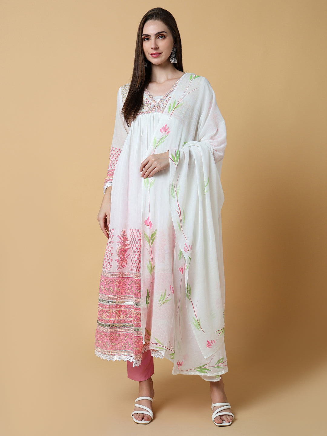 Women Floral White Anarkali Kurta Set with Dupatta