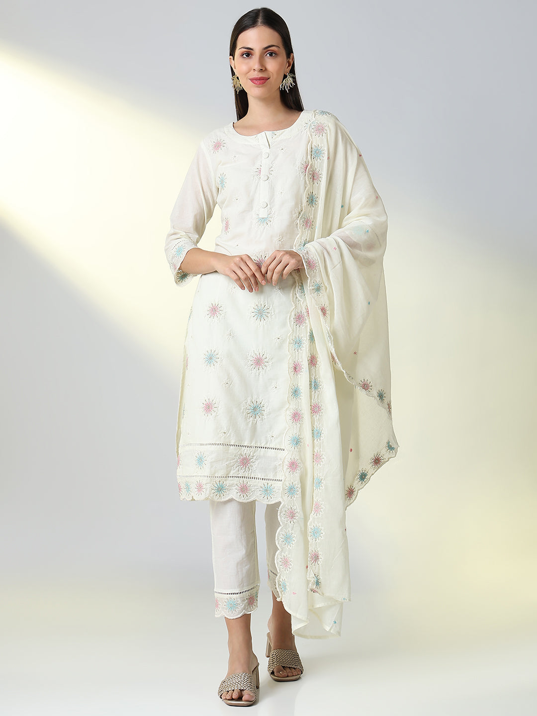 Women Cream Floral Straight Kurta Set with Dupatta