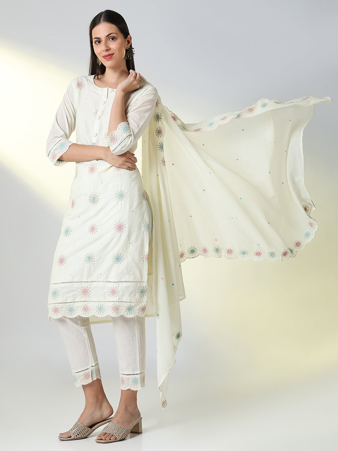 Women Cream Floral Straight Kurta Set with Dupatta