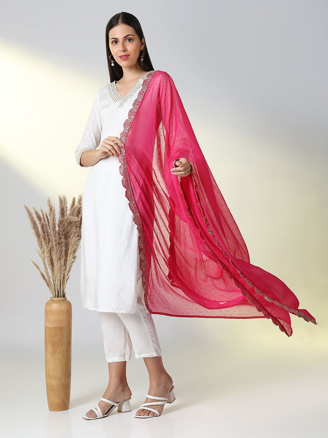 Women White Solid Straight Kurta Set with Dupatta