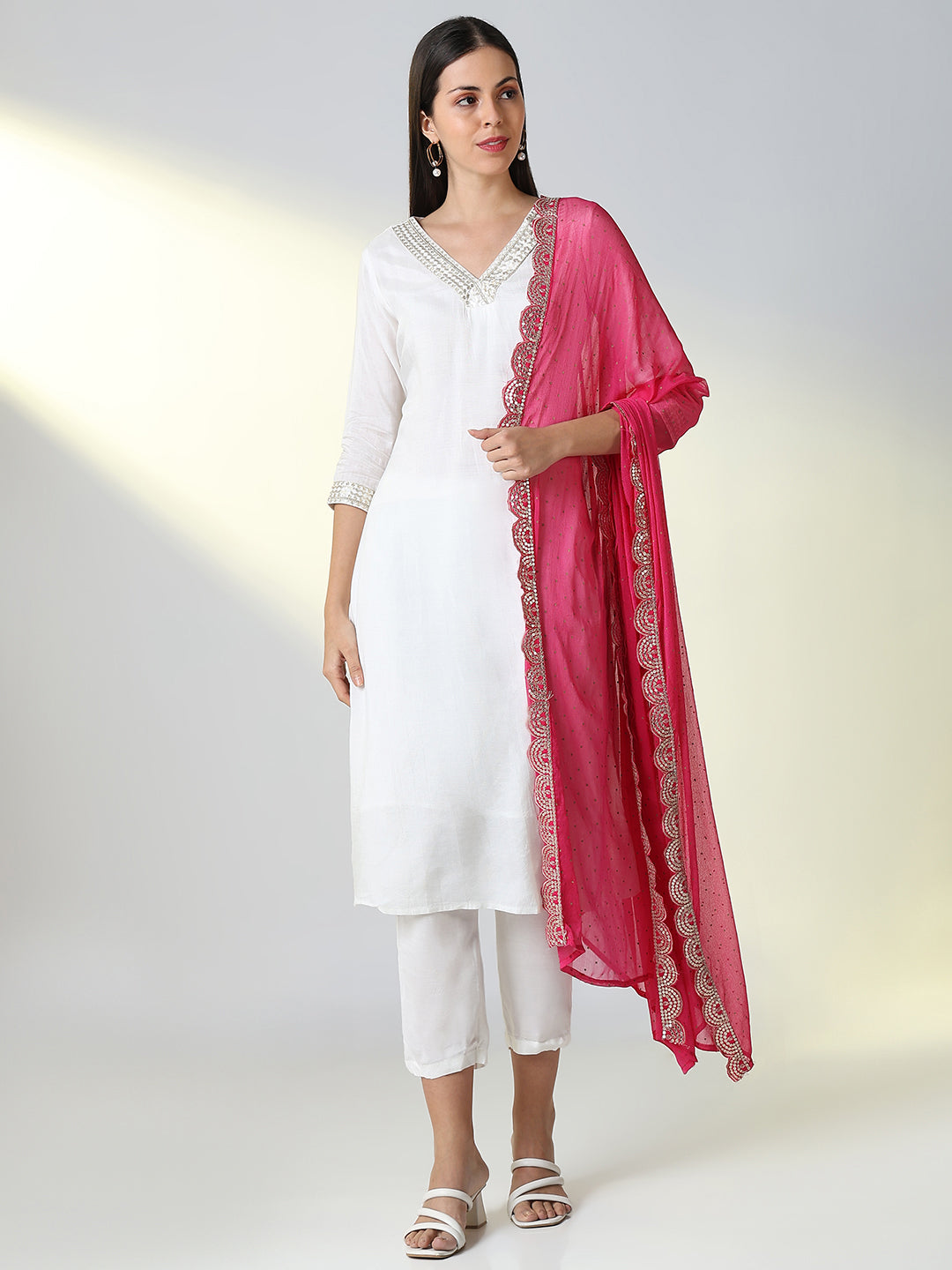 Women White Solid Straight Kurta Set with Dupatta