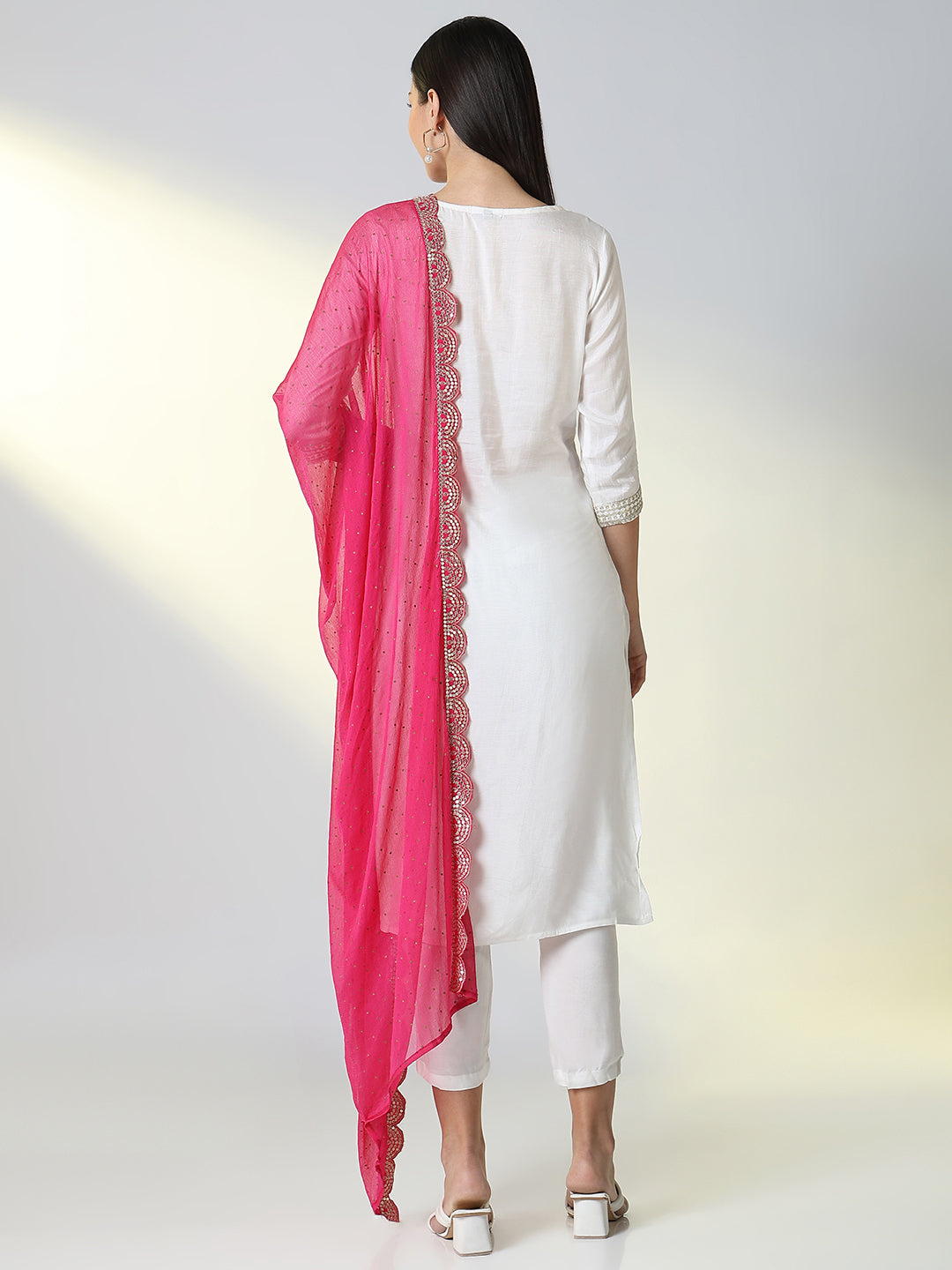 Women White Solid Straight Kurta Set with Dupatta