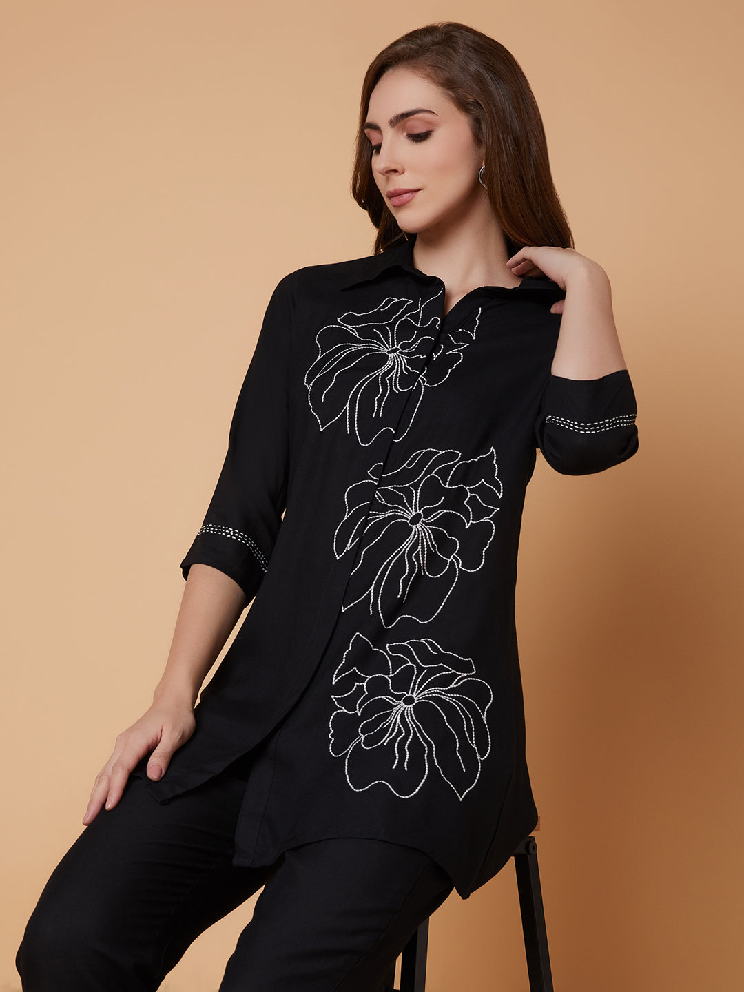 Women Embroidered Collared Black Co-Ord Set