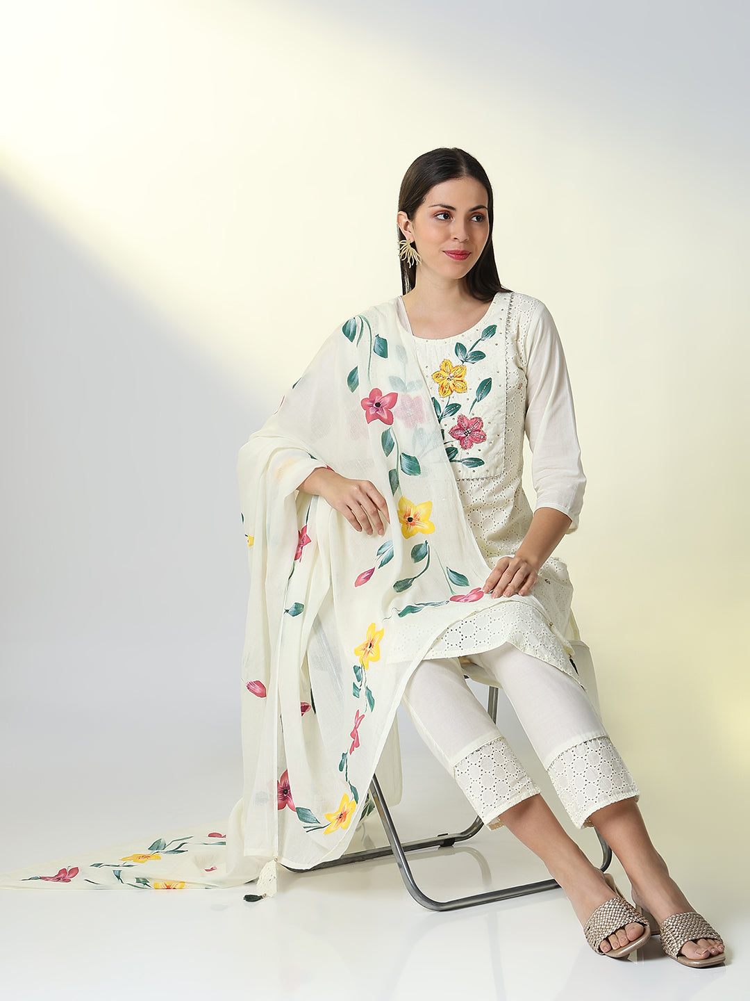 Women Cream Floral Straight Kurta Set with Dupatta