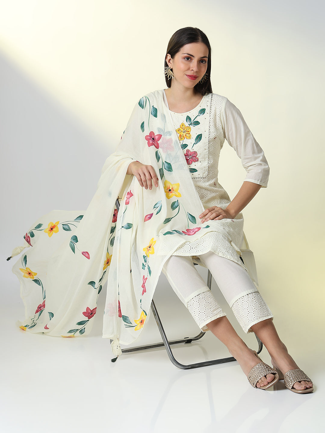 Women Cream Floral Straight Kurta Set with Dupatta