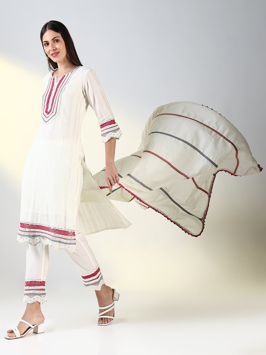 Women Off White Solid Straight Kurta Set with Dupatta