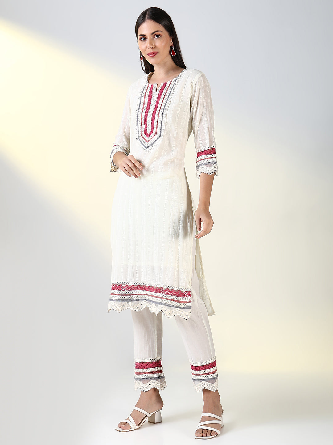 Women Off White Solid Straight Kurta Set with Dupatta