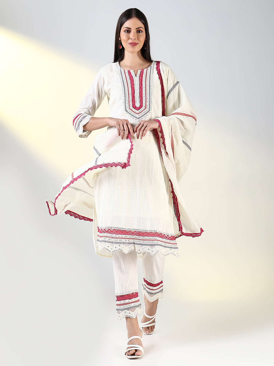 Women Off White Solid Straight Kurta Set with Dupatta