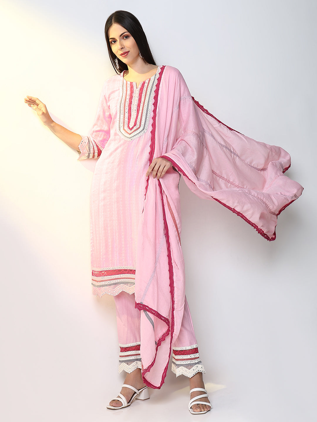 Women Pink Solid Straight Kurta Set with Dupatta