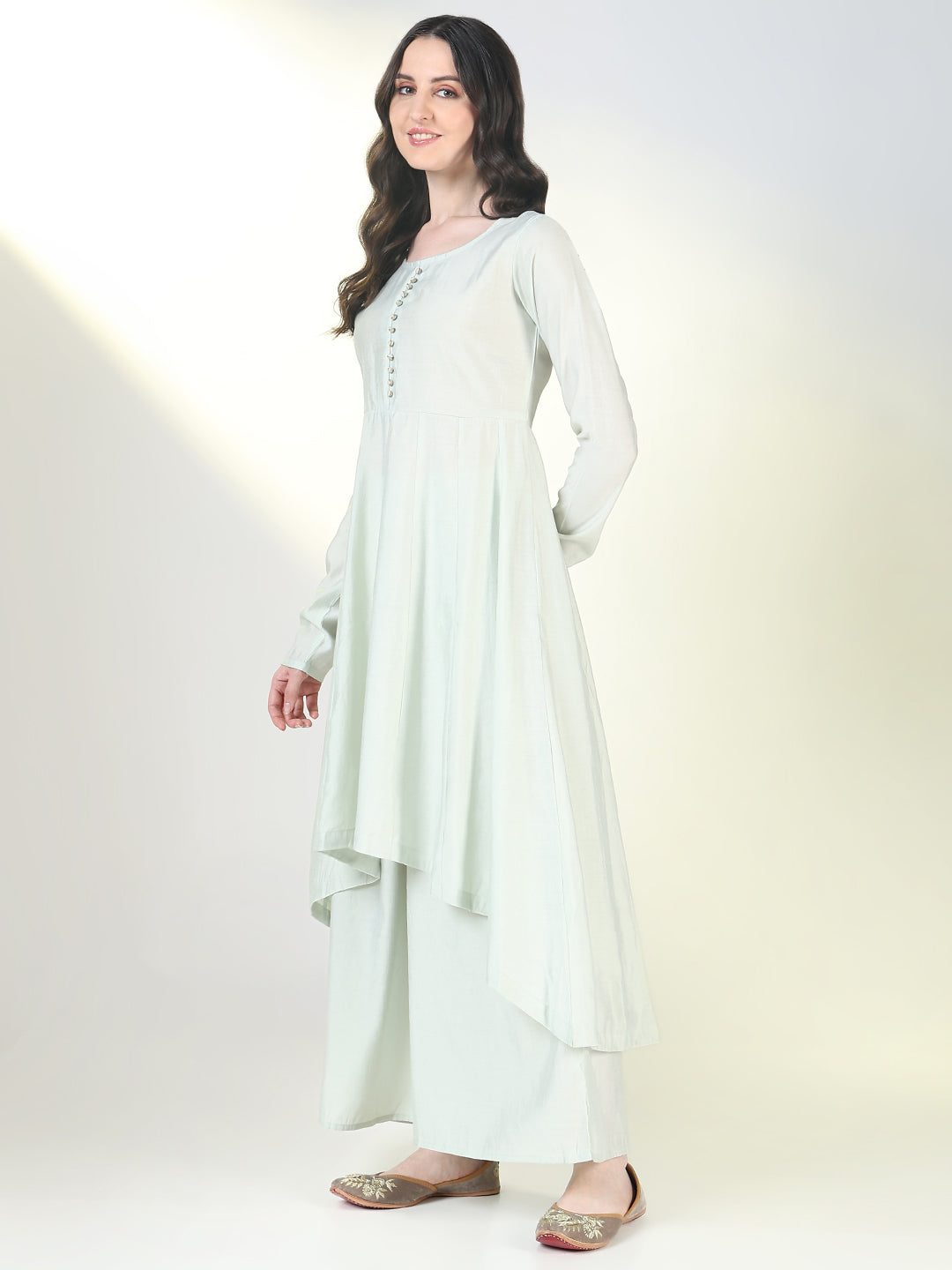 Women Sea Green Solid A Line Kurta Set with Dupatta