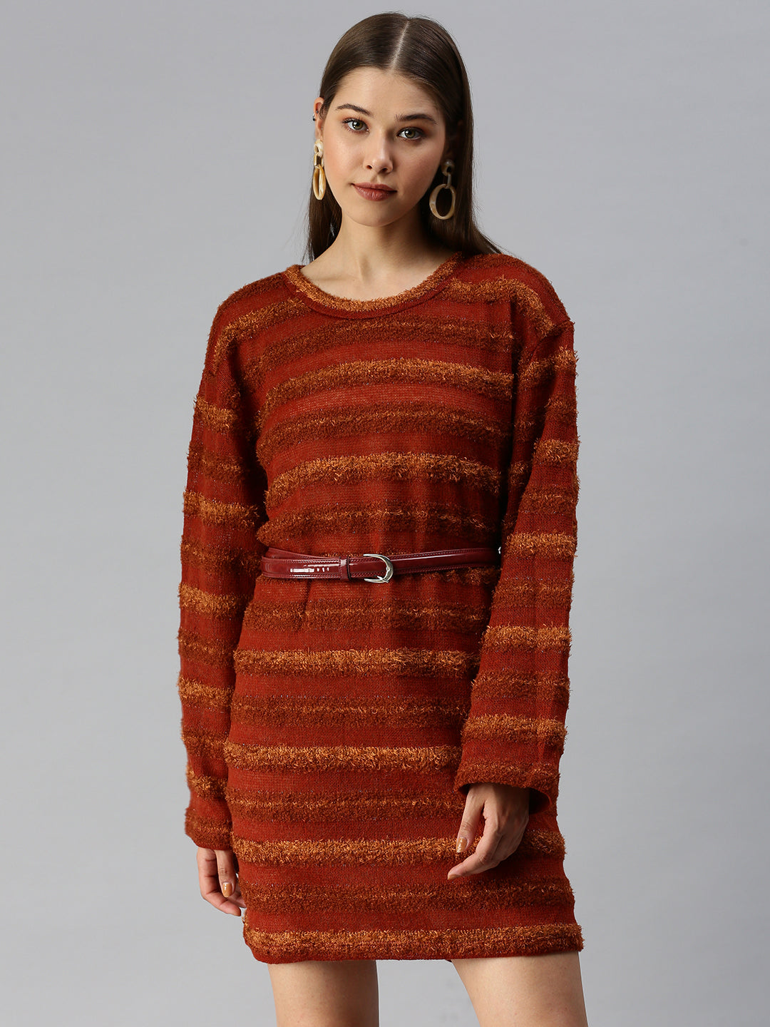 Women Self Design T-shirt Rust Dress