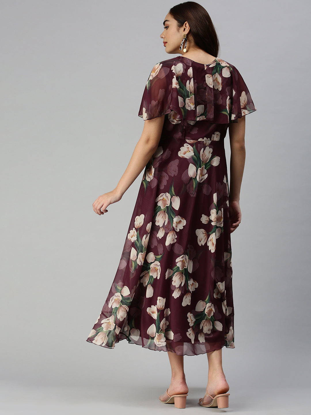 Women V-Neck Printed Empire Magenta Dress