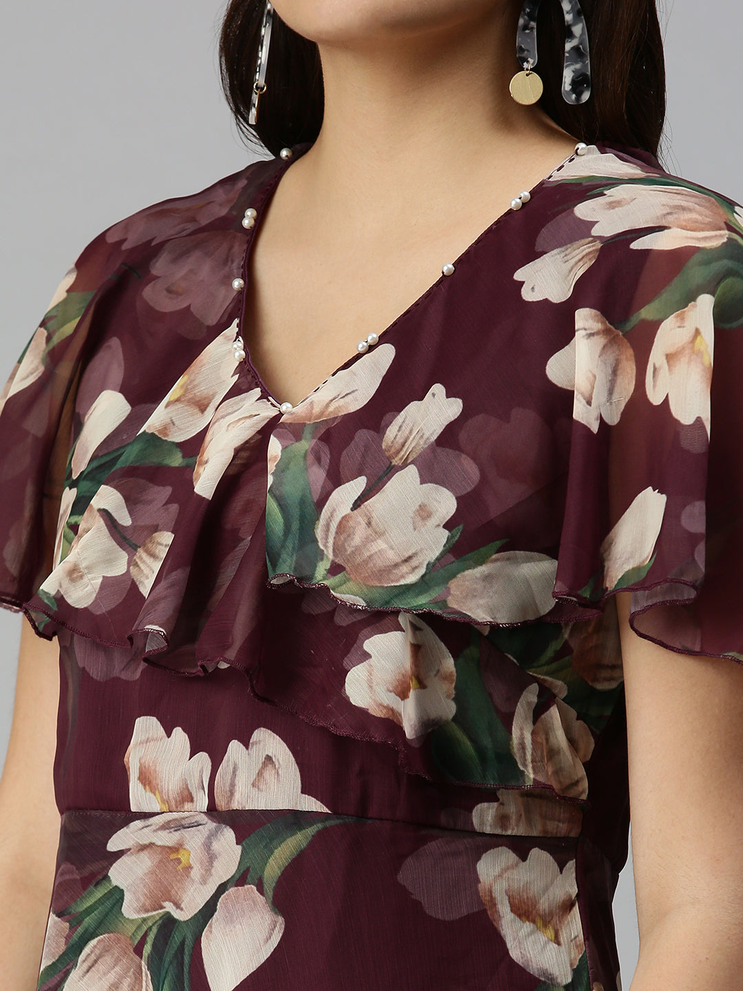 Women V-Neck Printed Empire Magenta Dress