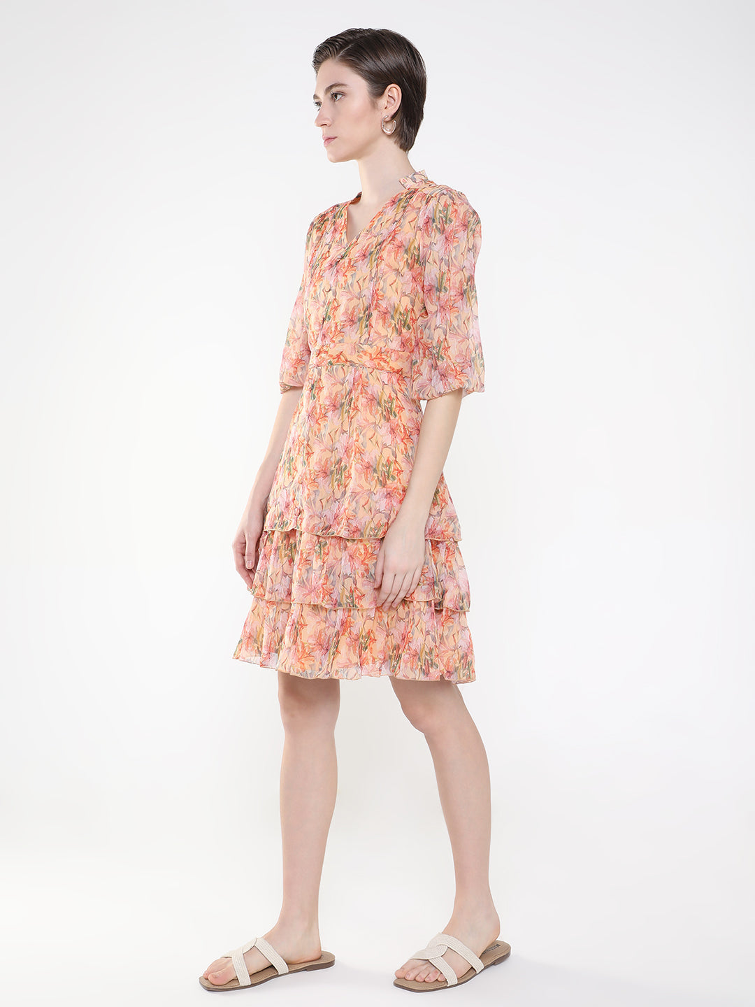 Women Floral Peach Fit and Flare Dress