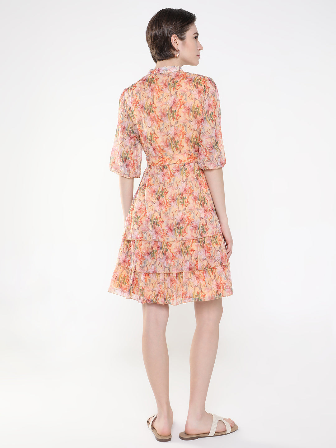 Women Floral Peach Fit and Flare Dress