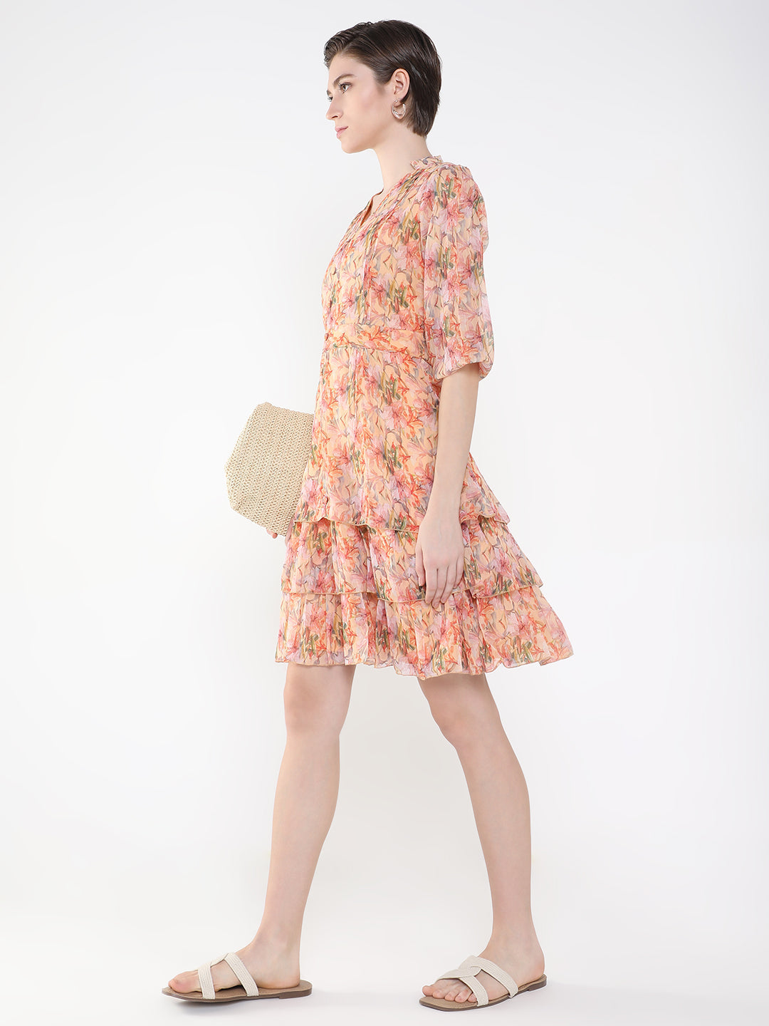 Women Floral Peach Fit and Flare Dress