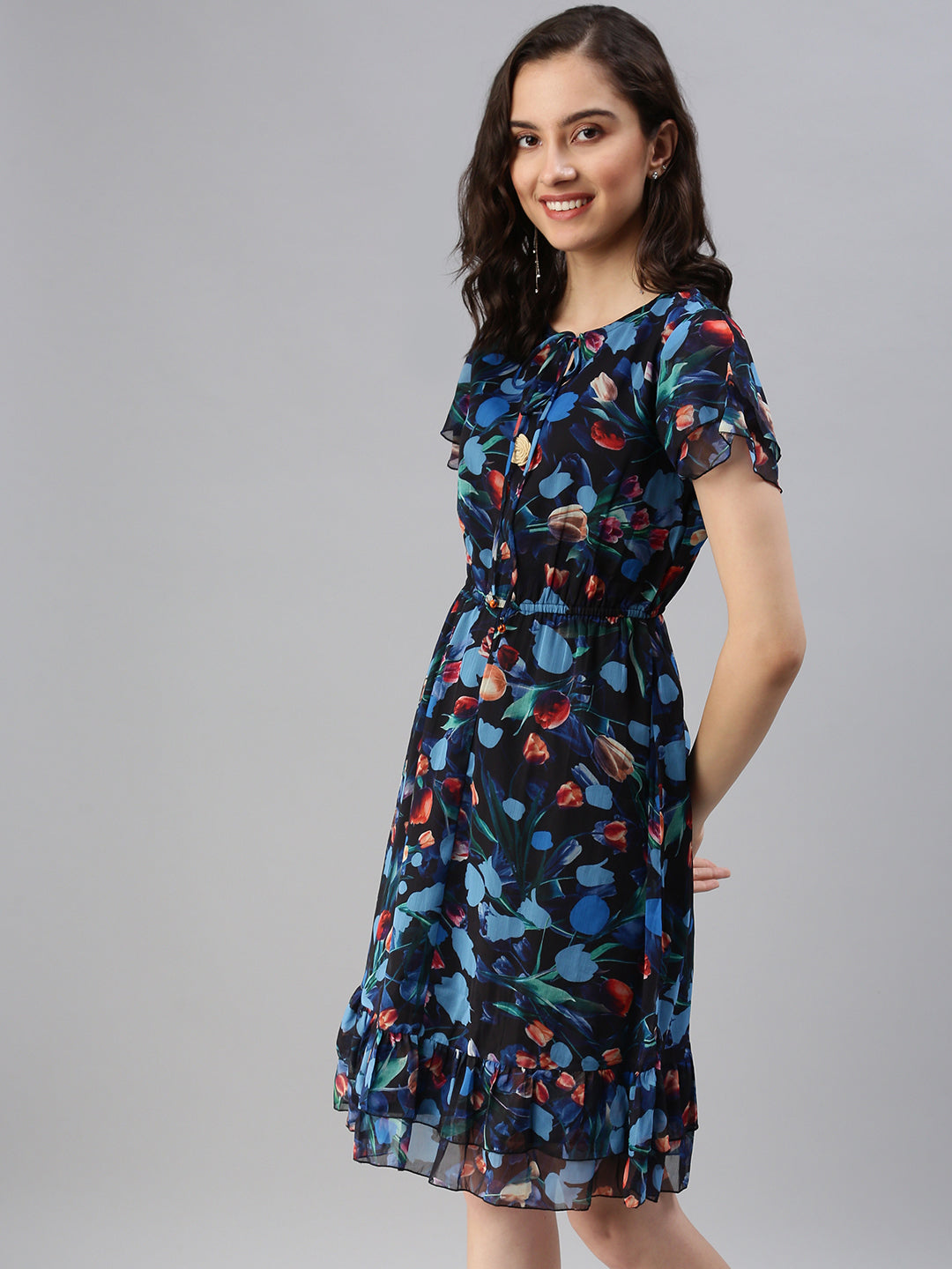 Women Tie-Up Neck Printed Fit and Flare Blue Dress