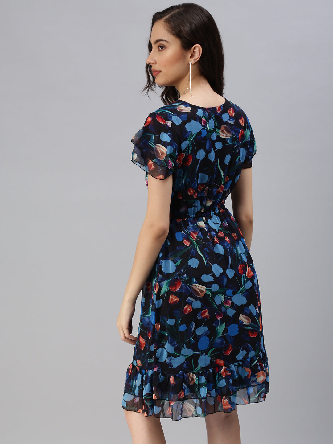 Women Tie-Up Neck Printed Fit and Flare Blue Dress