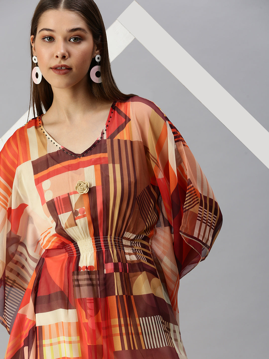 Women V-Neck Abstract Multi Kaftan Kurta