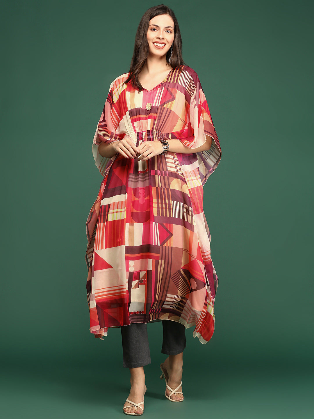 Women V-Neck Abstract Multi Kaftan Kurta