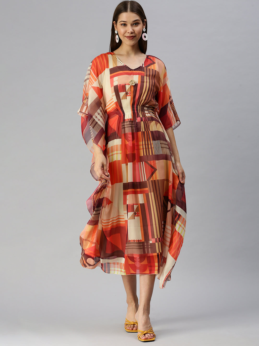 Women V-Neck Abstract Multi Kaftan Kurta