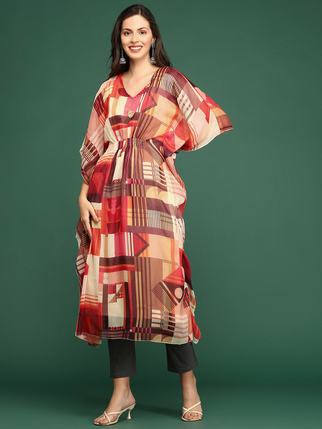 Women V-Neck Abstract Multi Kaftan Kurta