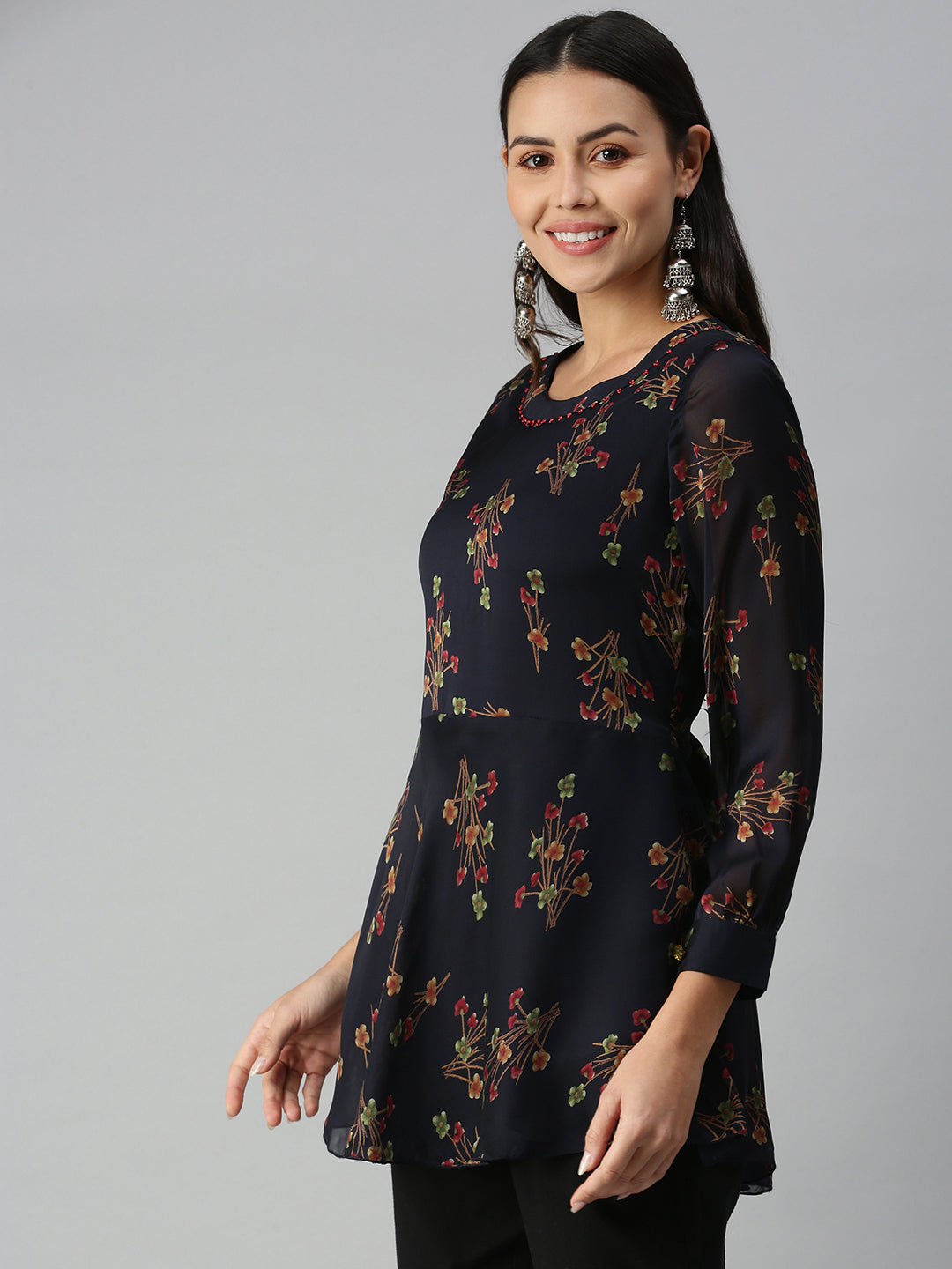 Women Floral Navy Blue A-Line Kurti