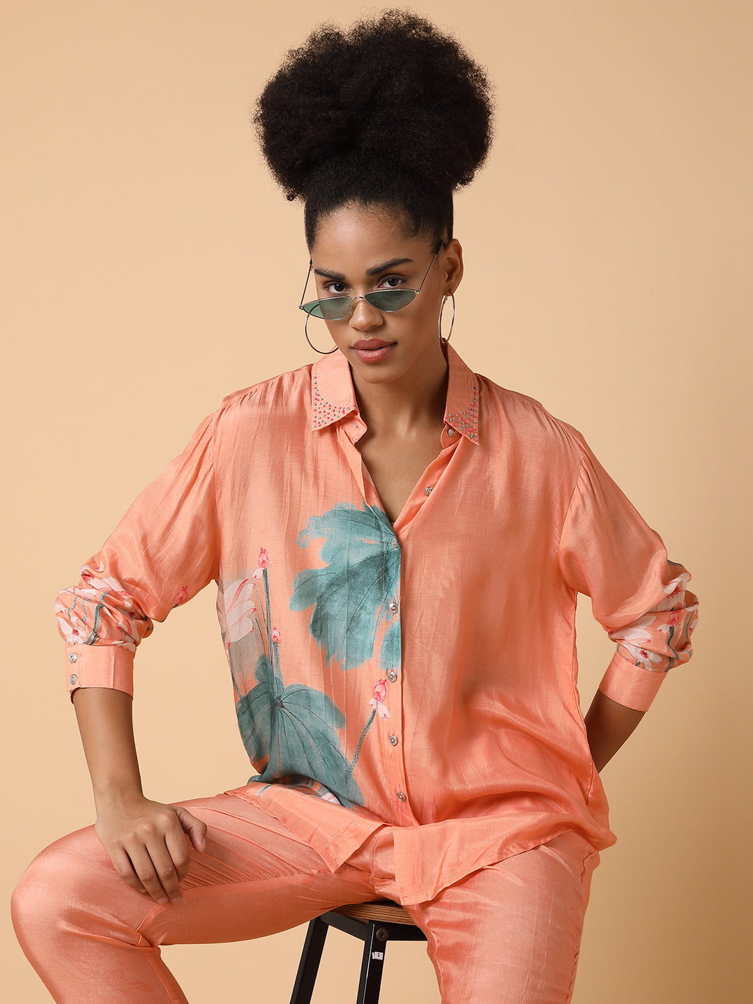 Women Printed Collared Peach Co-Ord Set