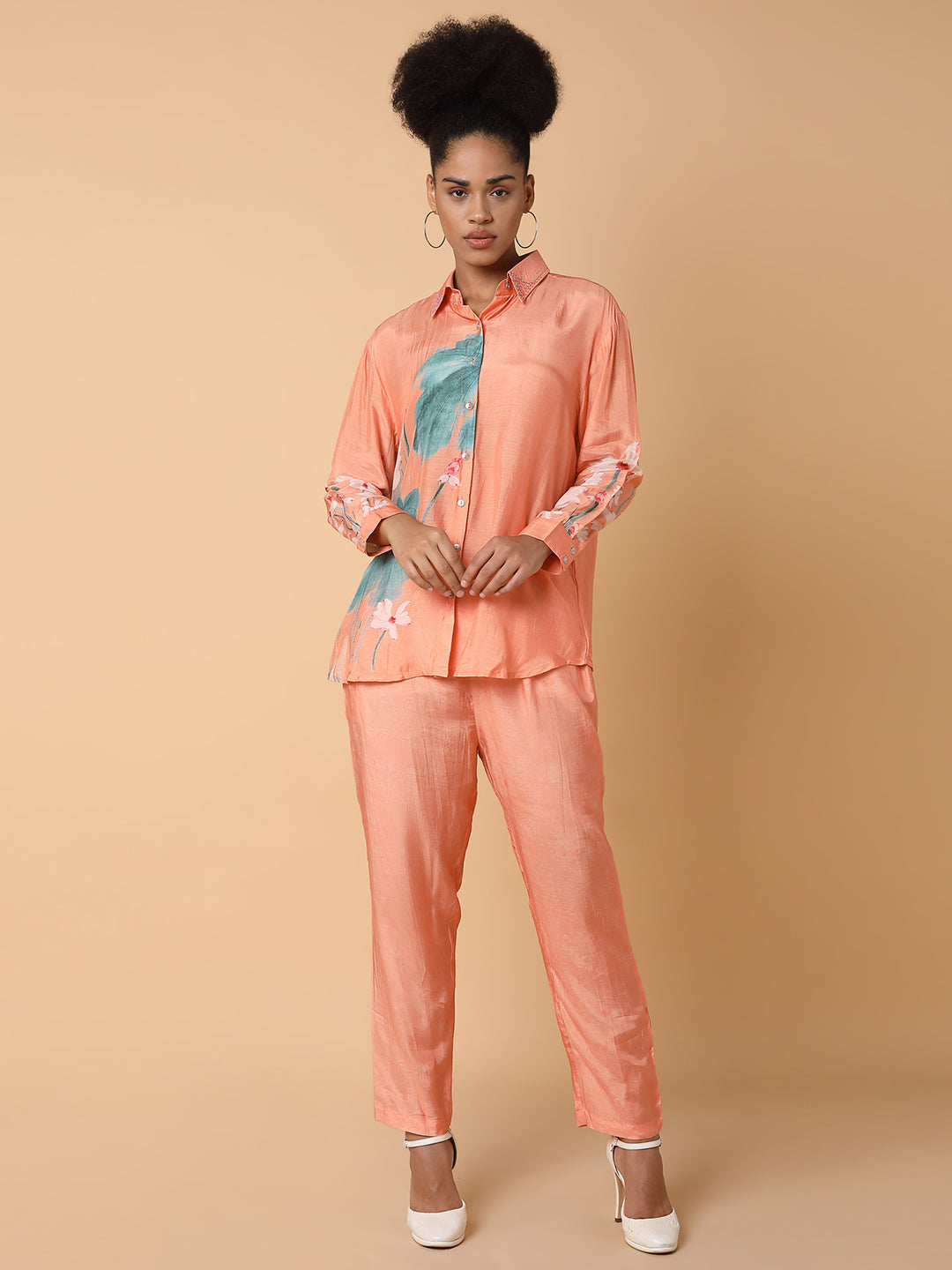 Women Printed Collared Peach Co-Ord Set