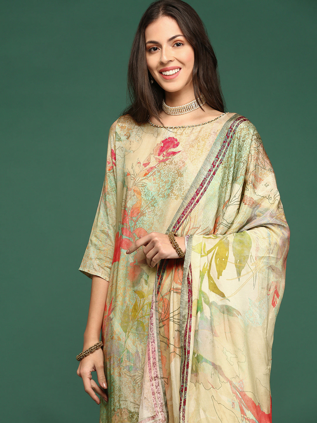 Women Floral Sea Green Straight Kurta Set with Dupatta