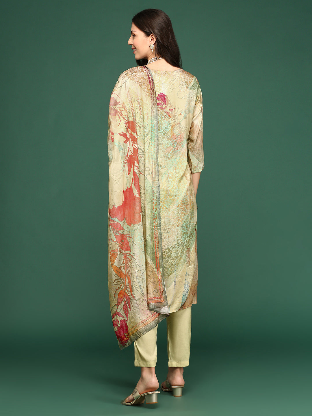 Women Floral Sea Green Straight Kurta Set with Dupatta