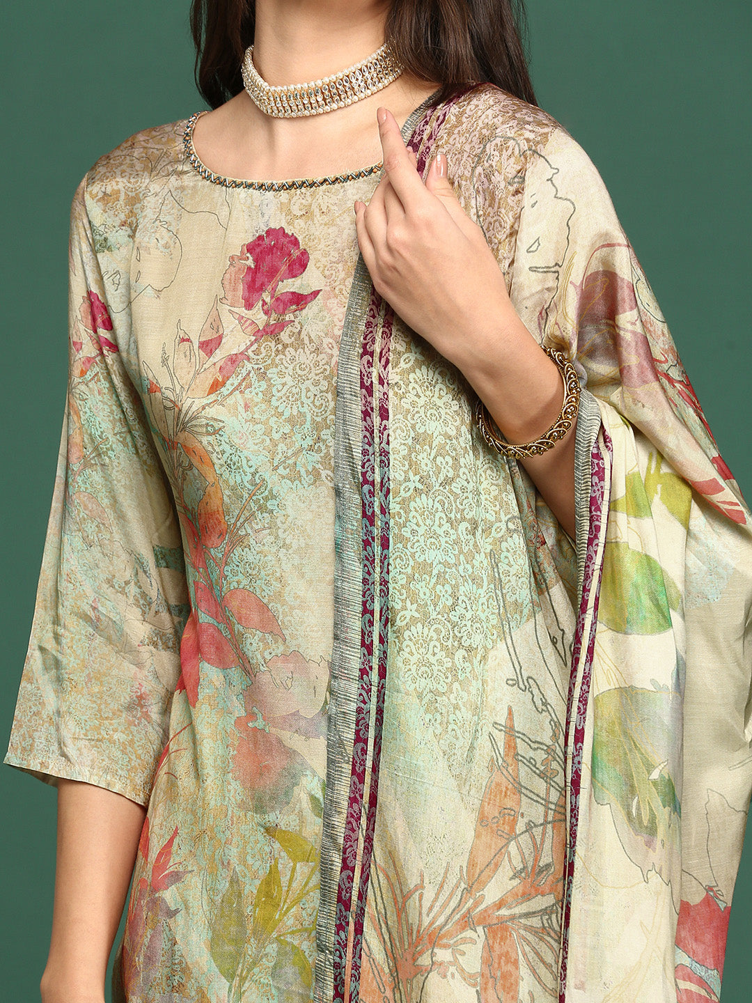 Women Floral Sea Green Straight Kurta Set with Dupatta