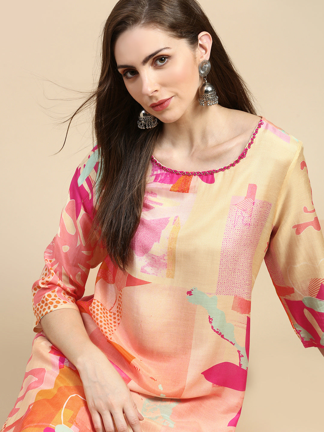 Women Abstract Peach A-Line Kurta Set